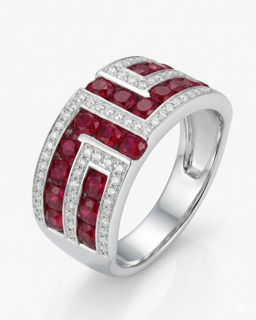 Wide band natural ruby ring with diamond accents in platinum high jewelry style | SARATTI