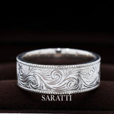 Wide engraved men’s wedding band 18k white gold aurelian scroll design | SARATTI
