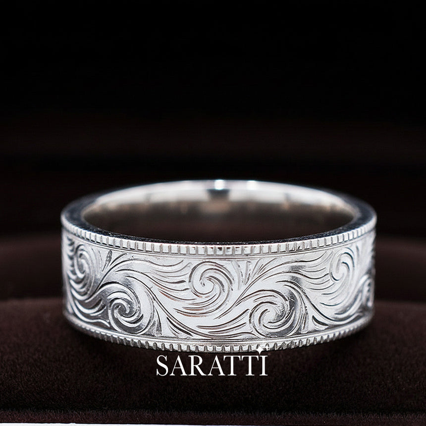 Wide engraved men’s wedding band 18k white gold aurelian scroll design | SARATTI