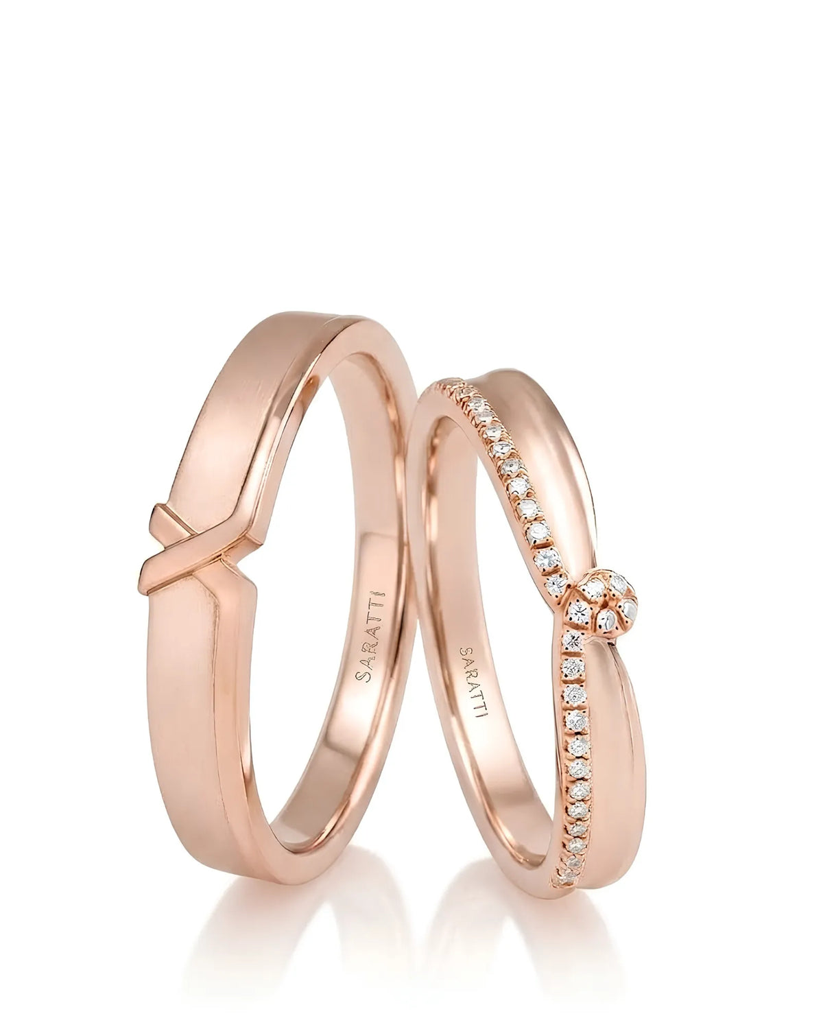 X and Ribbon matching wedding set with elegant crossover design in polished 18K rose gold | SARATTI