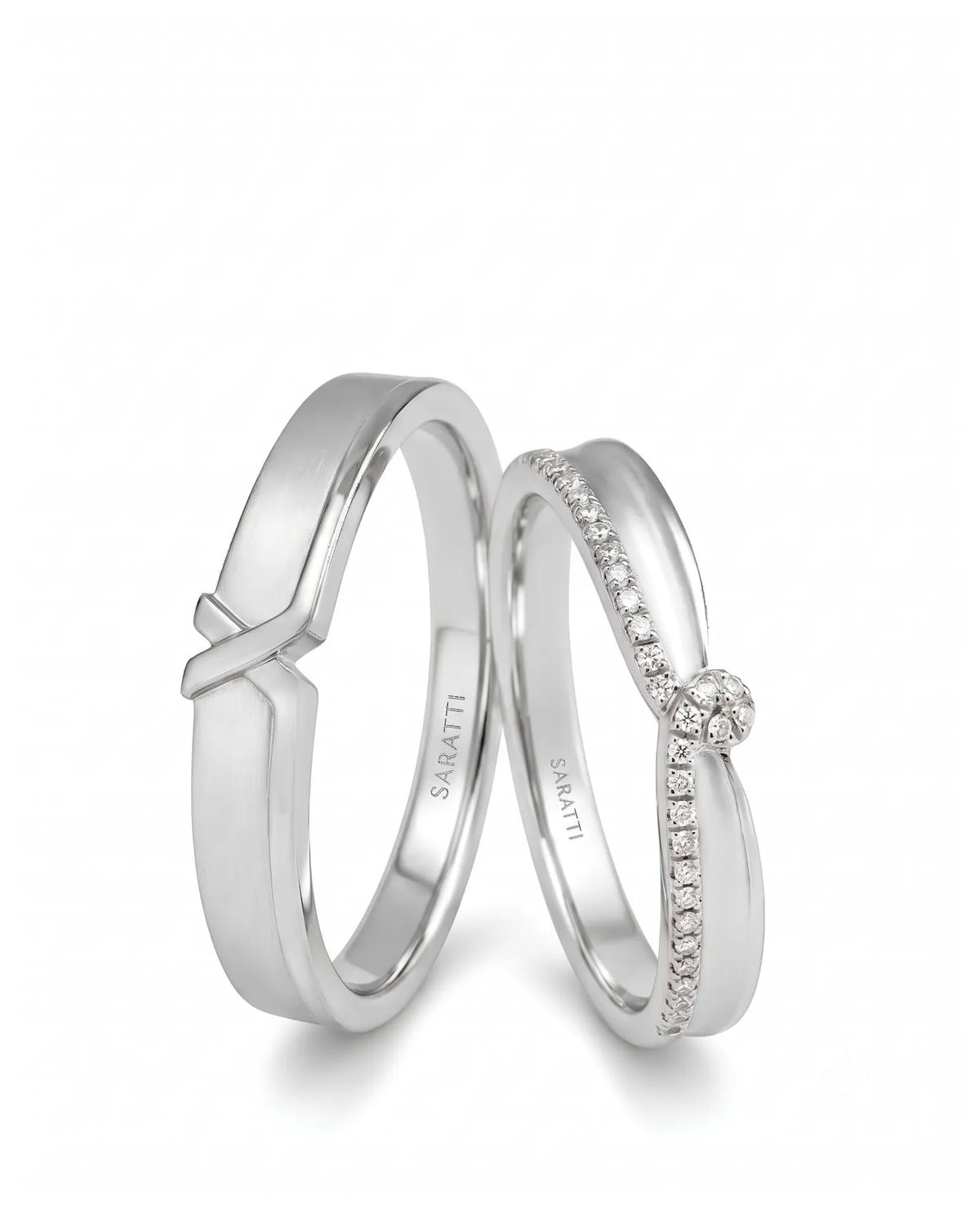 X and Ribbon matching wedding set with elegant crossover design in refined polished platinum | SARATTI