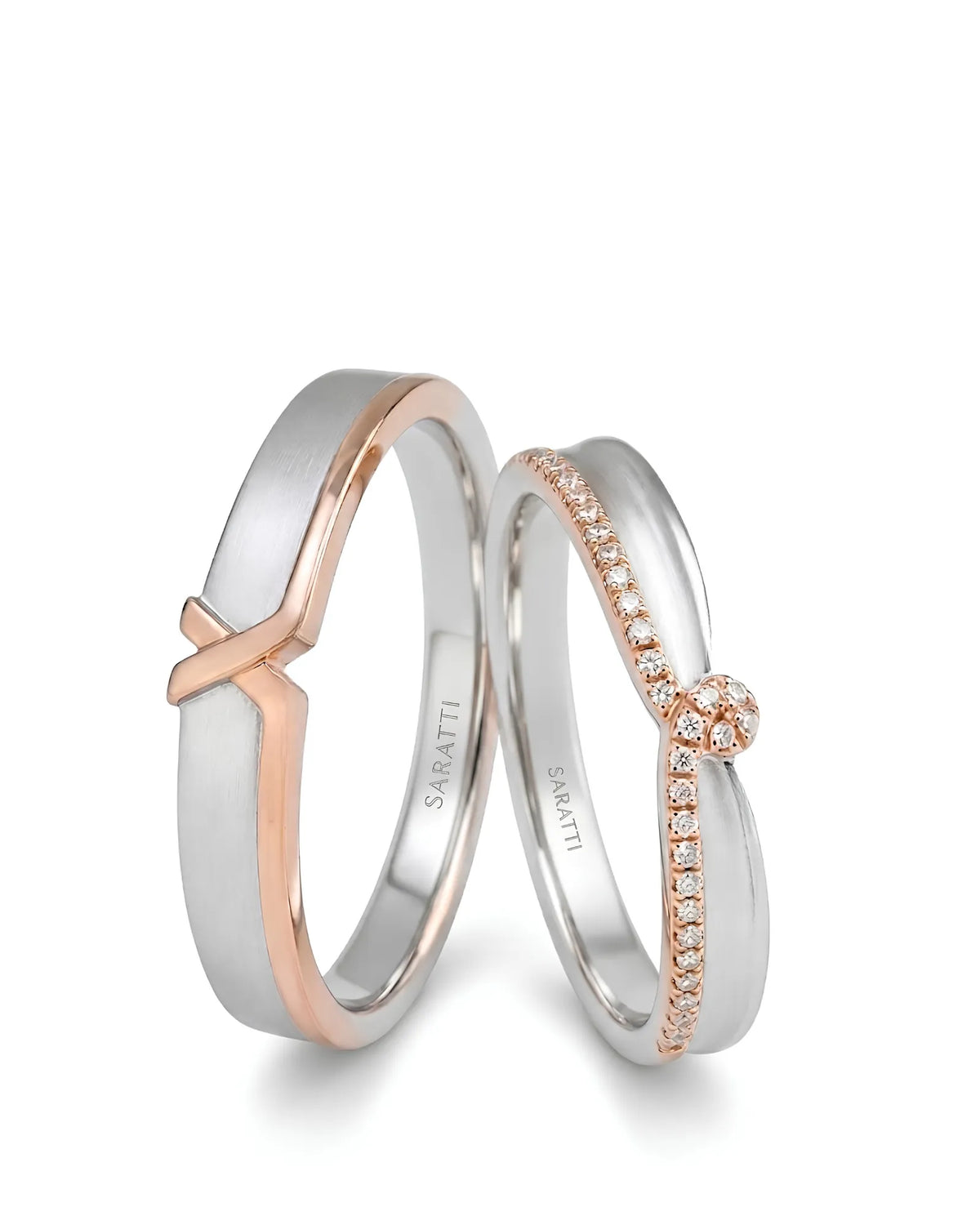 X and Ribbon two tone matching wedding set with elegant crossover design in 18K gold | SARATTI