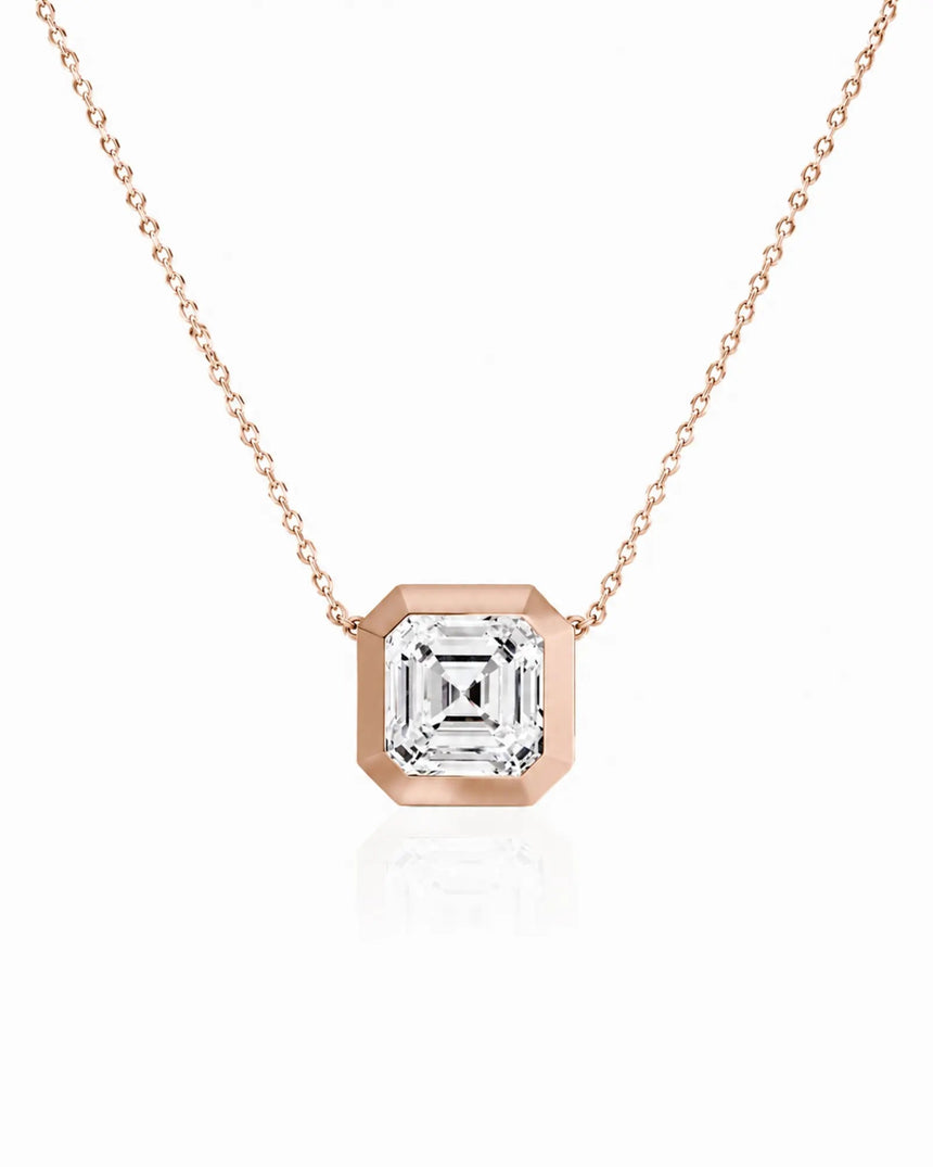 SOLARA Bezel-Set Asscher Cut solitaire necklace setting in rose gold, front view | SARATTI