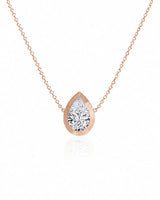 SOLARA Bezel-Set Pear Cut solitaire necklace setting in rose gold, front view | SARATTI