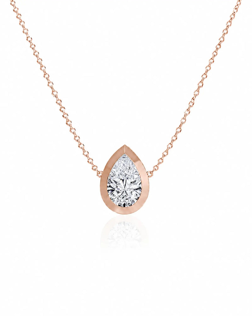 SOLARA Bezel-Set Pear Cut solitaire necklace setting in rose gold, front view | SARATTI