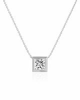 SOLARA Bezel-Set Princess Cut solitaire necklace setting in white gold, front view | SARATTI