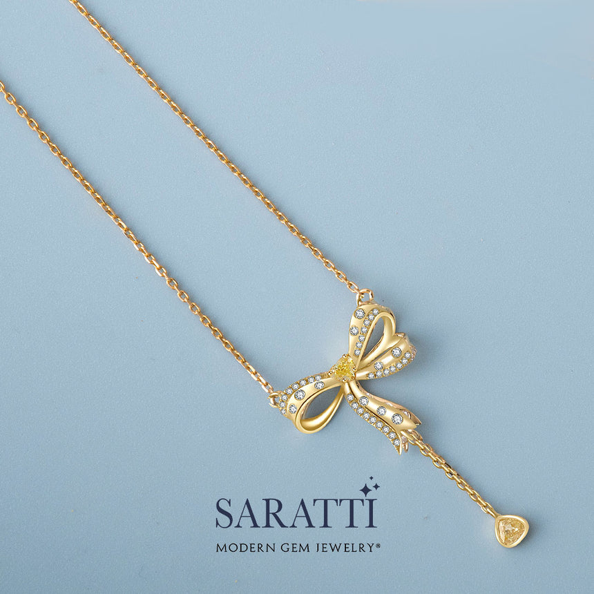 Pear Shaped Yellow Diamond Ribbon Pendant in 18K Yellow Gold | Saratti