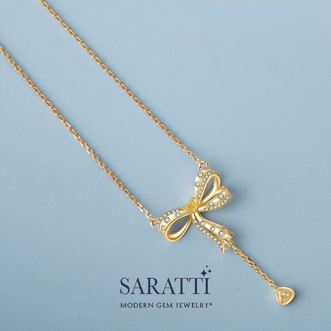 Pear Shaped Yellow Diamond Ribbon Pendant in 18K Yellow Gold | Saratti