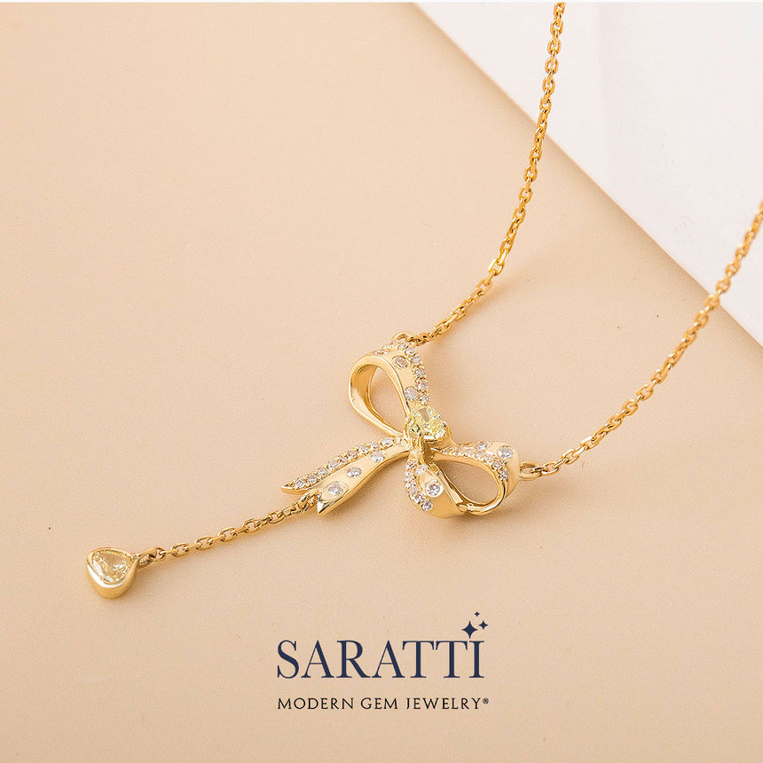 18K Yellow Gold Ribbon Necklace with Pear Shaped Yellow Diamond | Saratti