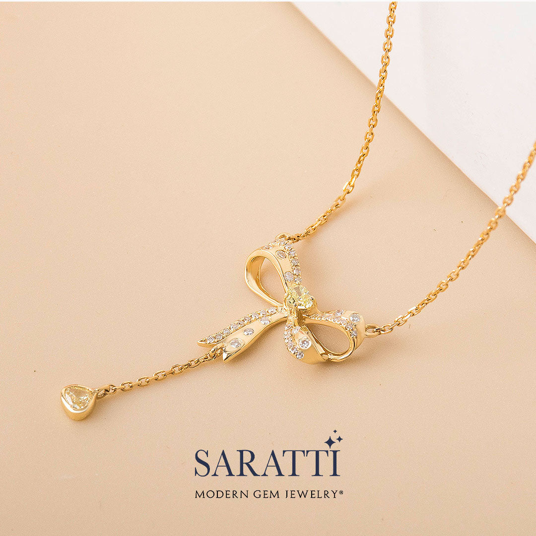 18K Yellow Gold Ribbon Necklace with Pear Shaped Yellow Diamond | Saratti
