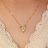 Model Wearing 18 K Yellow Gold Heart Bezel Set Diamond Necklace | Saratti 