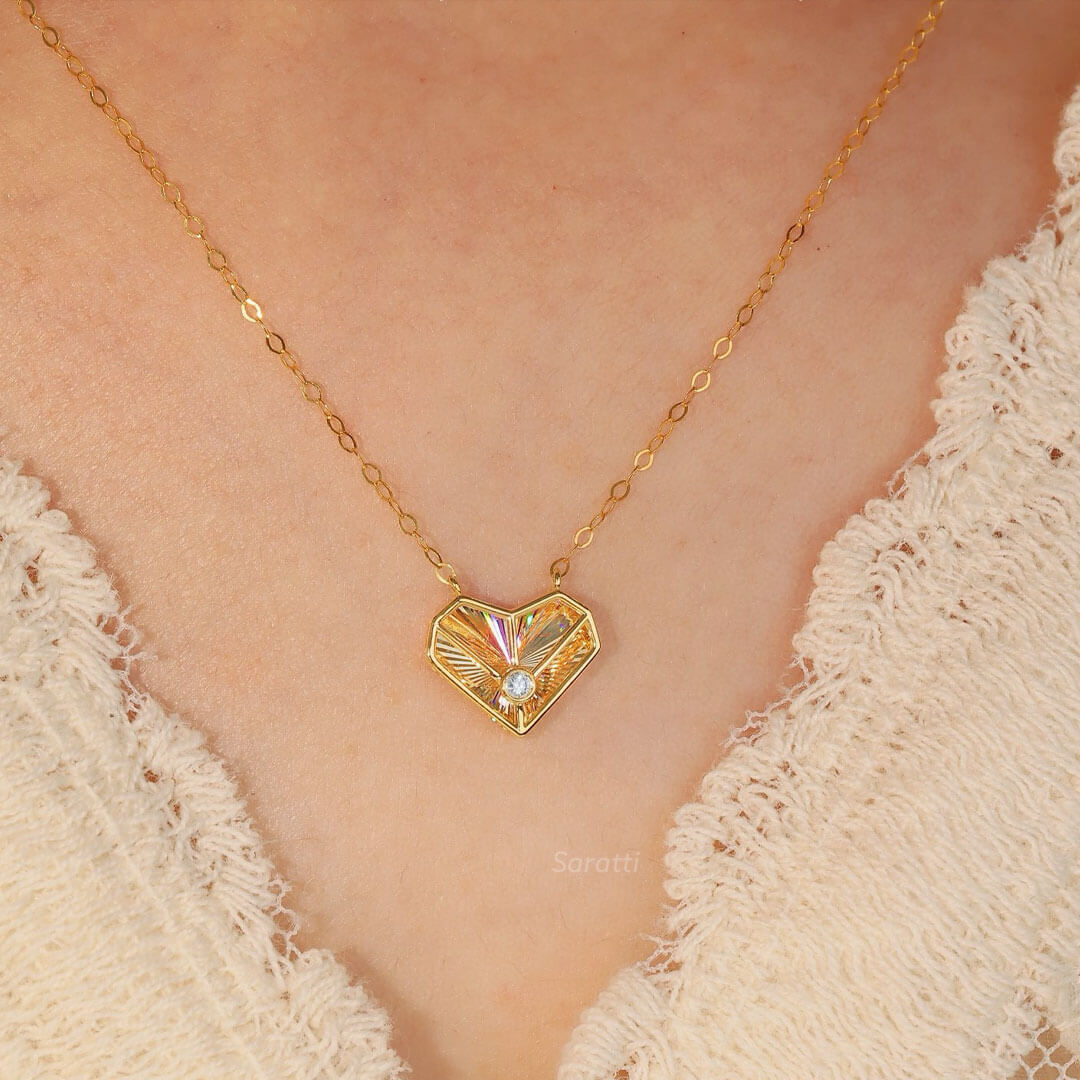 Model Wearing 18 K Yellow Gold Heart Bezel Set Diamond Necklace | Saratti 