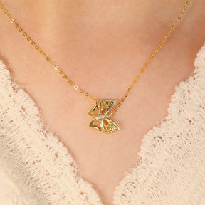 Model Wearing 18K Yellow Gold Natural Diamond Butterfly Necklace | Saratti 