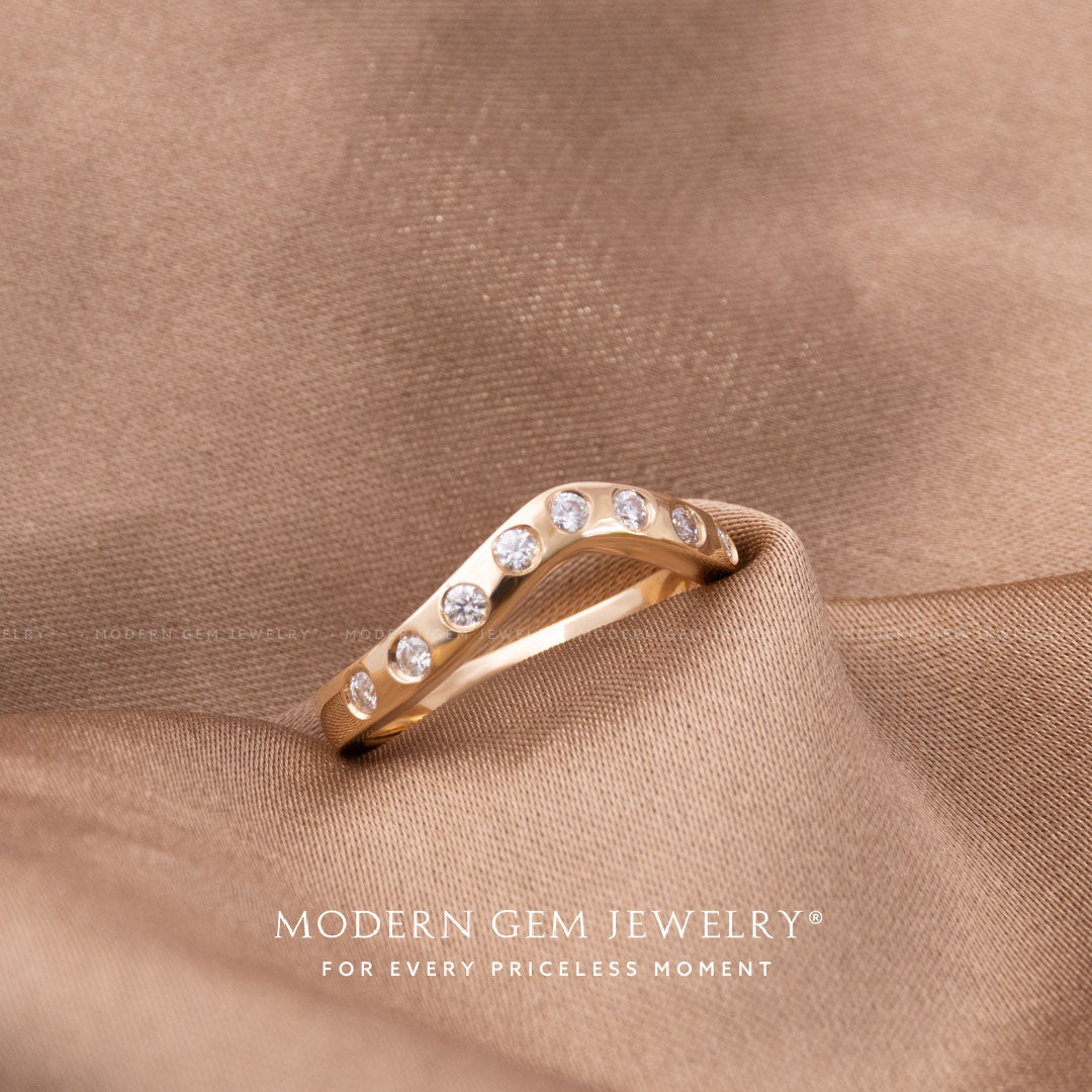 Designer Yellow Gold and Bezel Set Diamond Band on Brown Silk | Modern Gem Jewelry | Saratti 