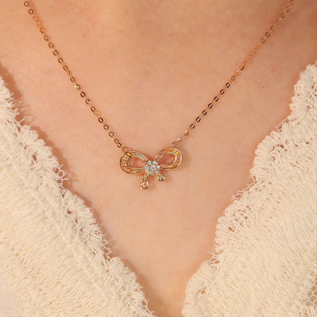 Model Wearing the Rose Gold Ribbon Inspired Diamond Drop Necklace | Saratti