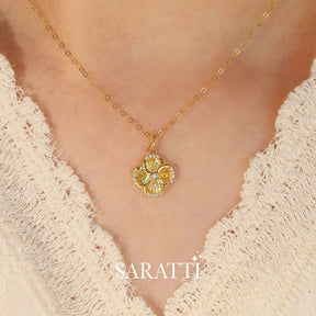 Model wears the Yellow Gold Moulinet Doré Sparkling Diamond Drop Necklace | Saratti