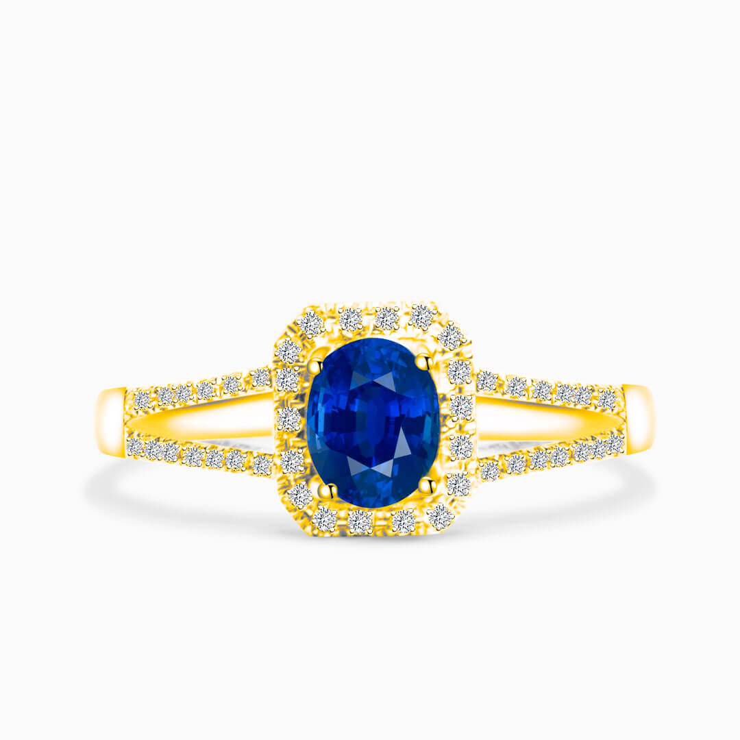 18K Yellow Gold Bleu Royale Natural Sapphire Split Shank Ring | Saratti Jewelry