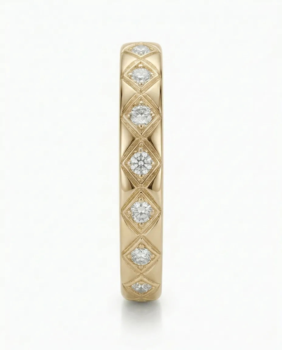 Hot Cross diamond-encrusted wedding band in yellow gold, side view | SARATTI