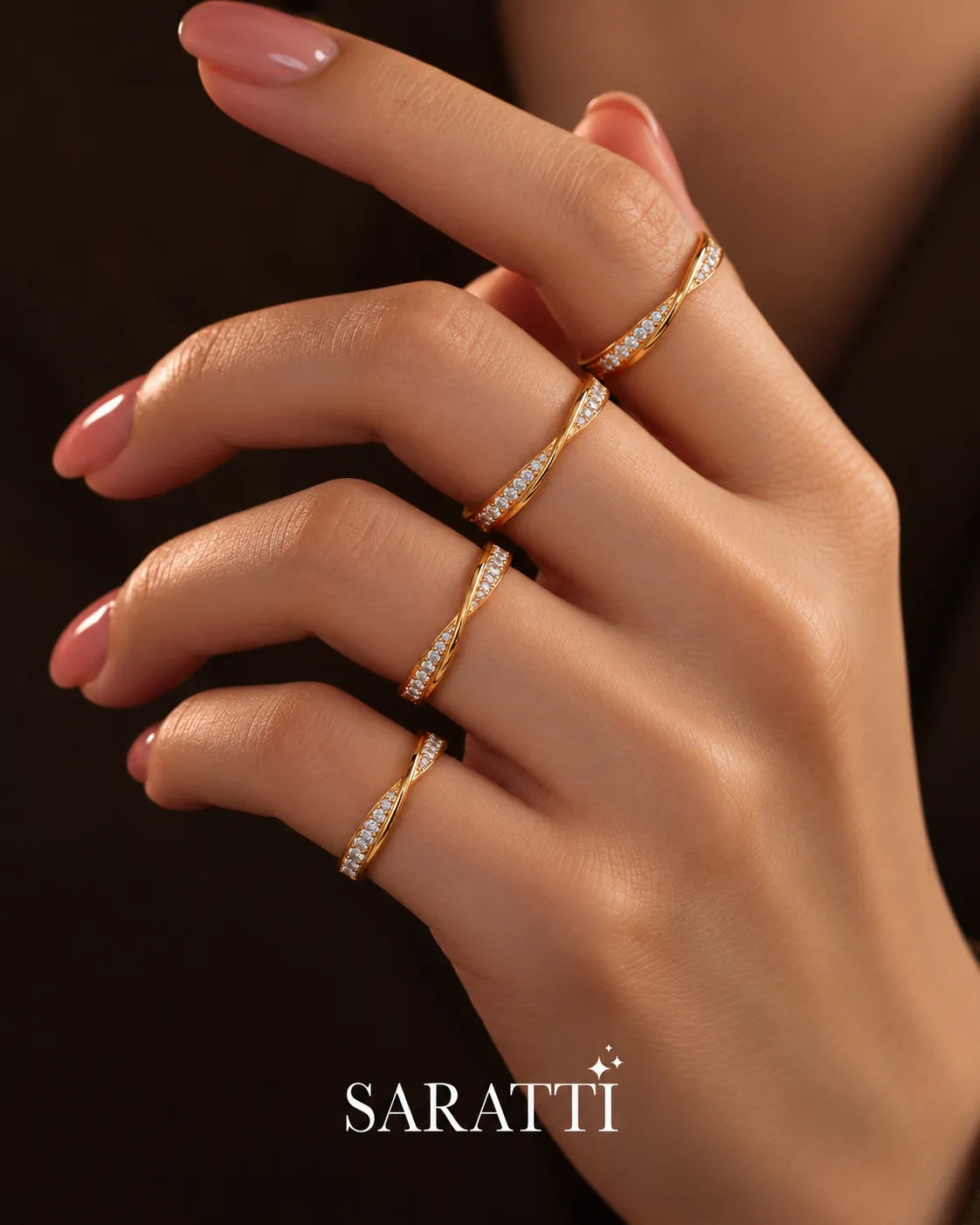 Twisted Shank Natural Diamond Eternity Wedding Band in 18K Yellow Gold on model | SARATTI