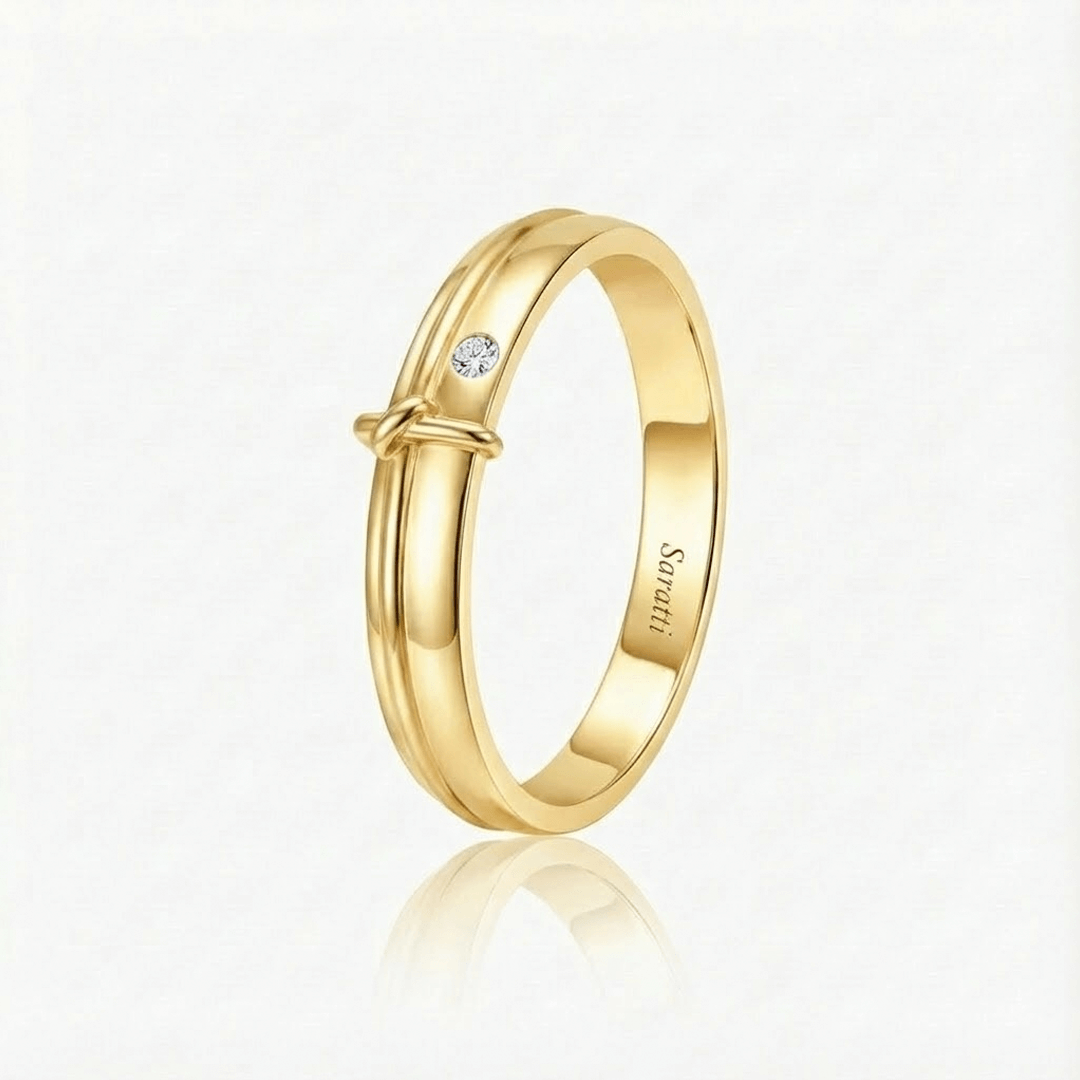 Gold ring with a small diamond on a white background | Yellow Gold Men’s Band with 0.03ct Bezel-Set Diamond – SARATTI