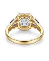 Yellow gold cushion moissanite and tanzanite ring for meaningful proposal moments | SARATTI