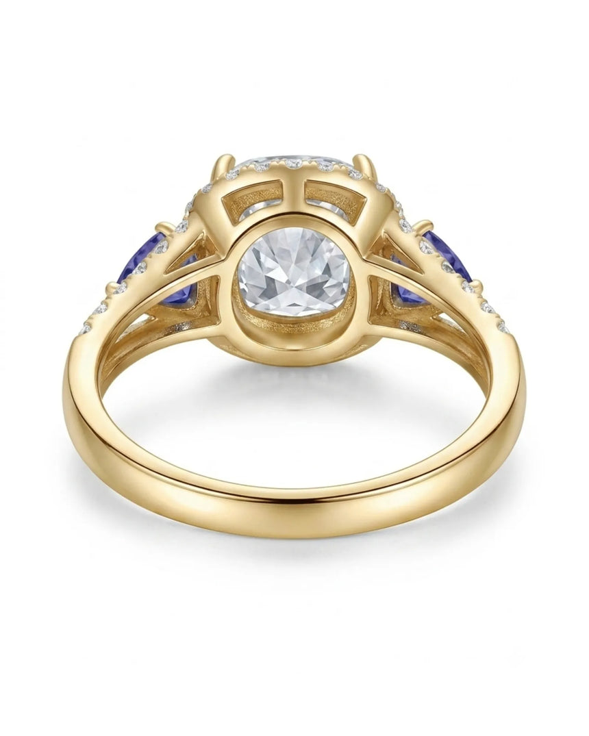 Yellow gold cushion moissanite and tanzanite ring for meaningful proposal moments | SARATTI