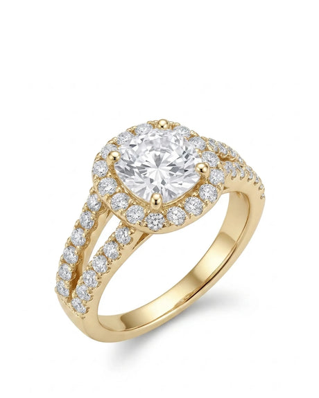 Yellow gold cushion moissanite engagement ring with halo, split shank, and matching wedding band | SARATTI