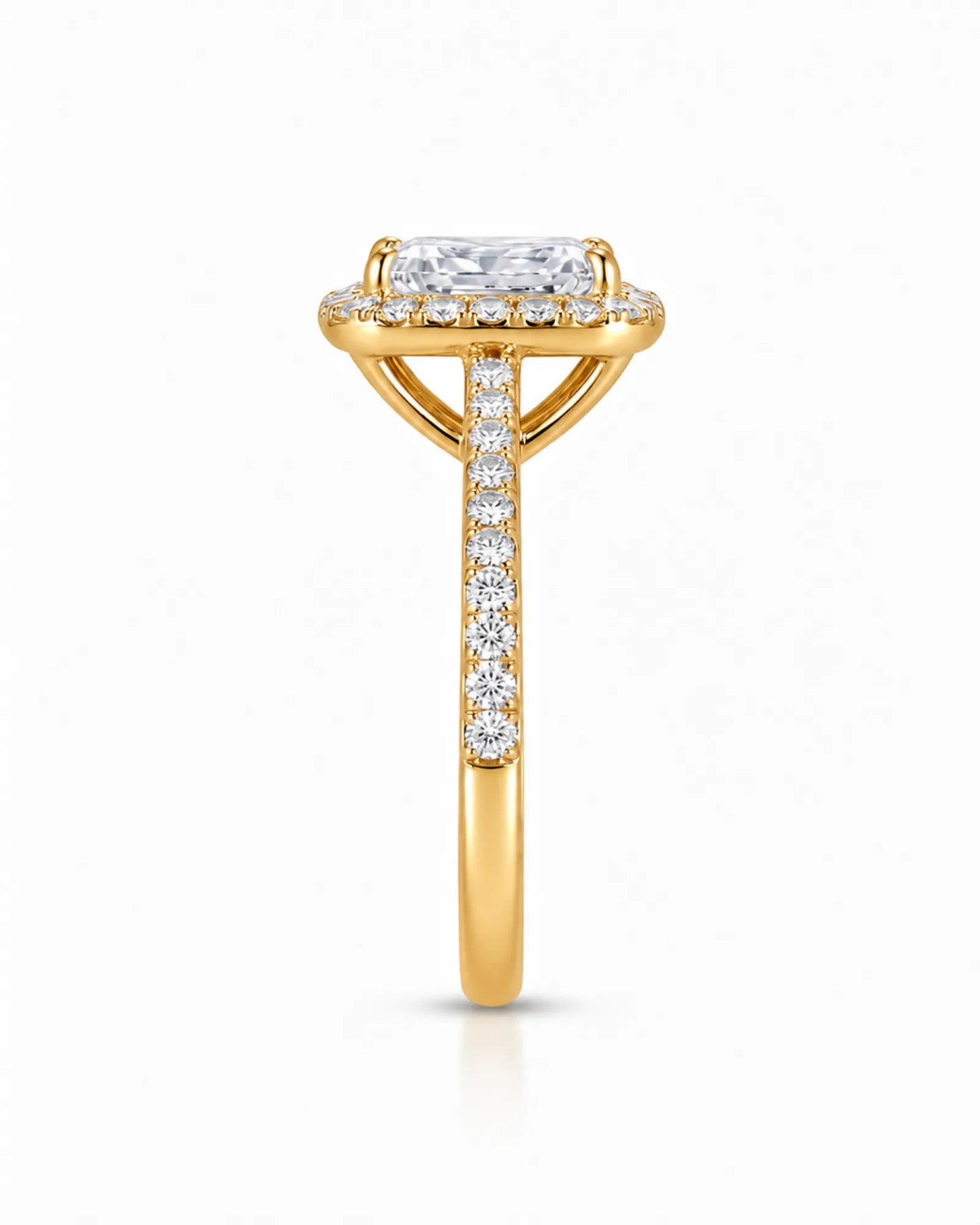 Yellow gold halo moissanite engagement ring designed for a meaningful modern proposal | SARATTI