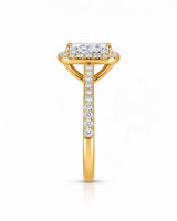 Yellow gold halo moissanite engagement ring designed for a meaningful modern proposal | SARATTI