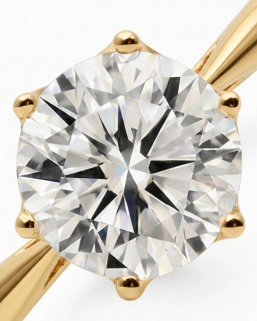 Yellow gold moissanite engagement ring for a classic meaningful proposal | SARATTI