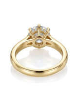Yellow gold moissanite engagement ring for a romantic proposal with hidden halo detail | SARATTI