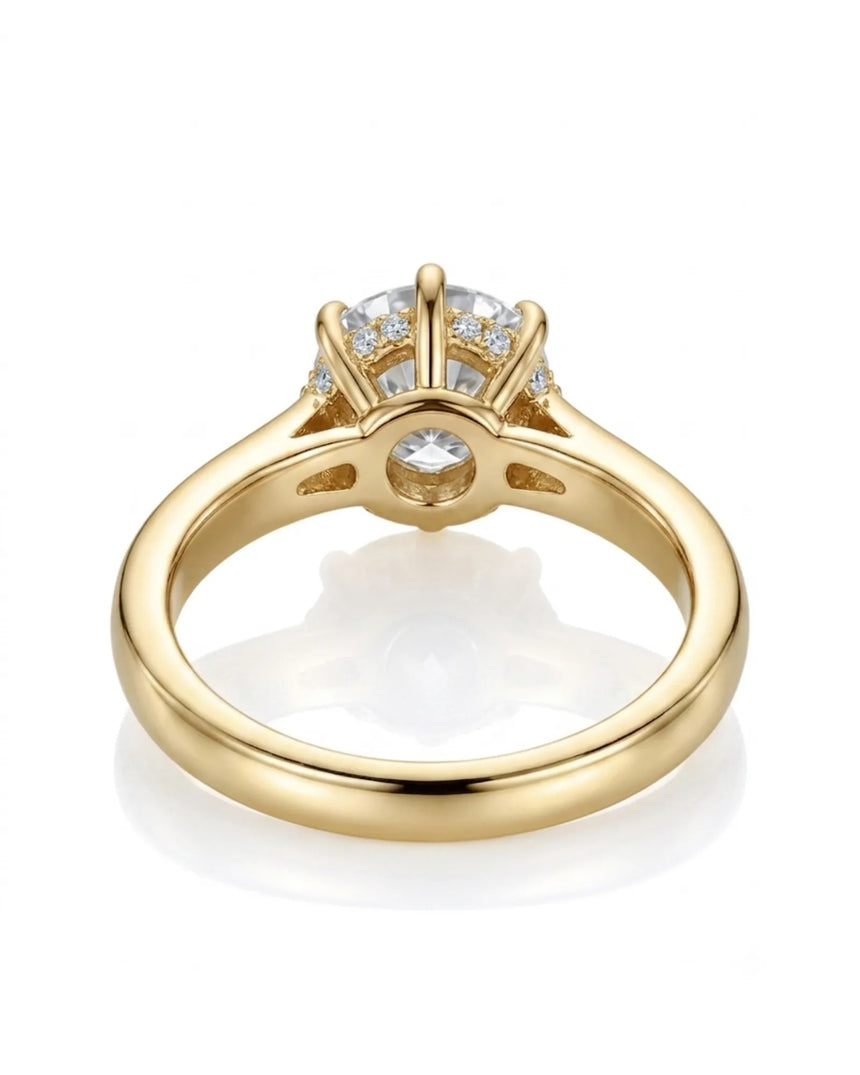Yellow gold moissanite engagement ring for a romantic proposal with hidden halo detail | SARATTI