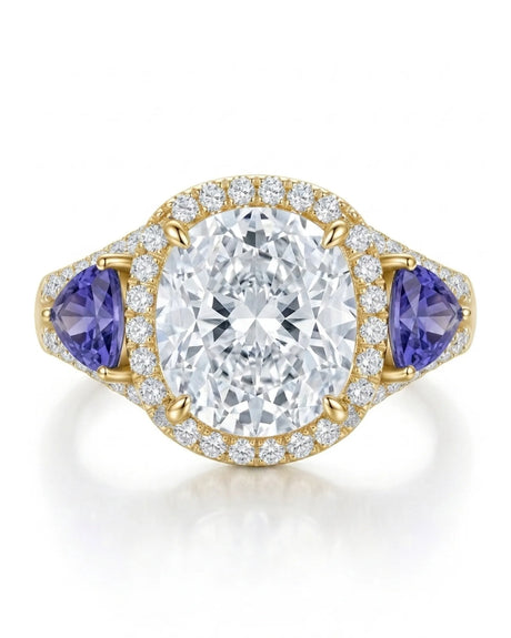 Yellow gold moissanite ring with cushion center, halo, and tanzanite accents | SARATTI