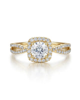 Yellow gold moissanite ring with cushion halo design and pavé split shoulders | SARATTI