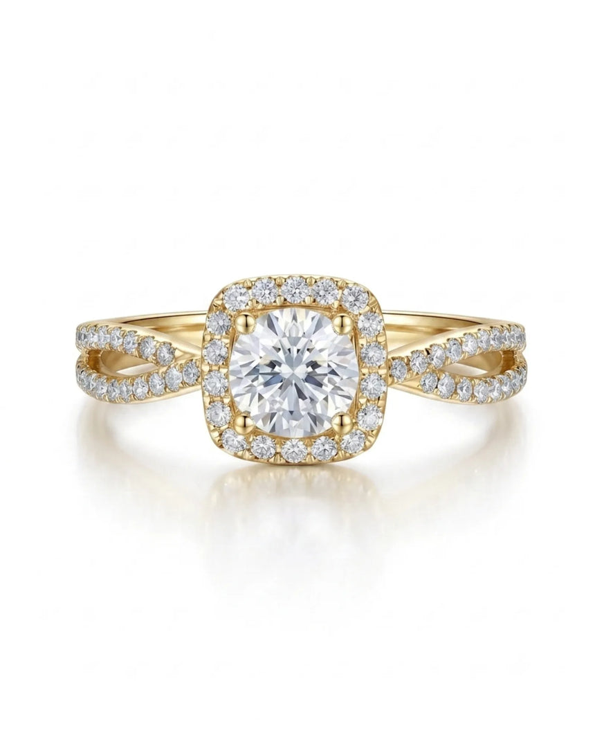 Yellow gold moissanite ring with cushion halo design and pavé split shoulders | SARATTI