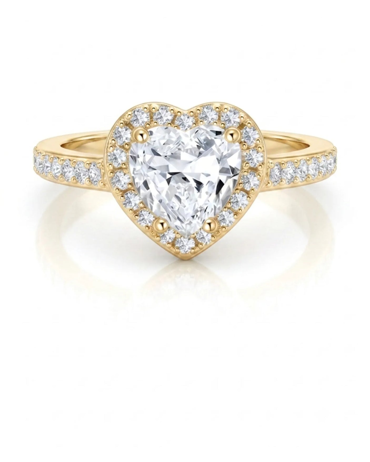 Yellow gold moissanite ring with romantic heart design and round side stones | SARATTI