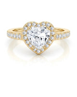 Yellow gold moissanite ring with romantic heart design and round side stones | SARATTI