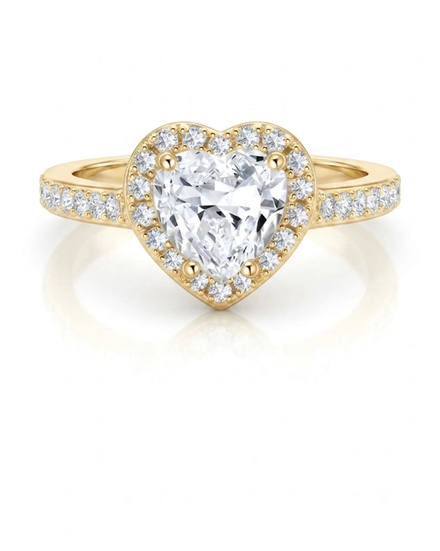 Yellow gold moissanite ring with romantic heart design and round side stones | SARATTI