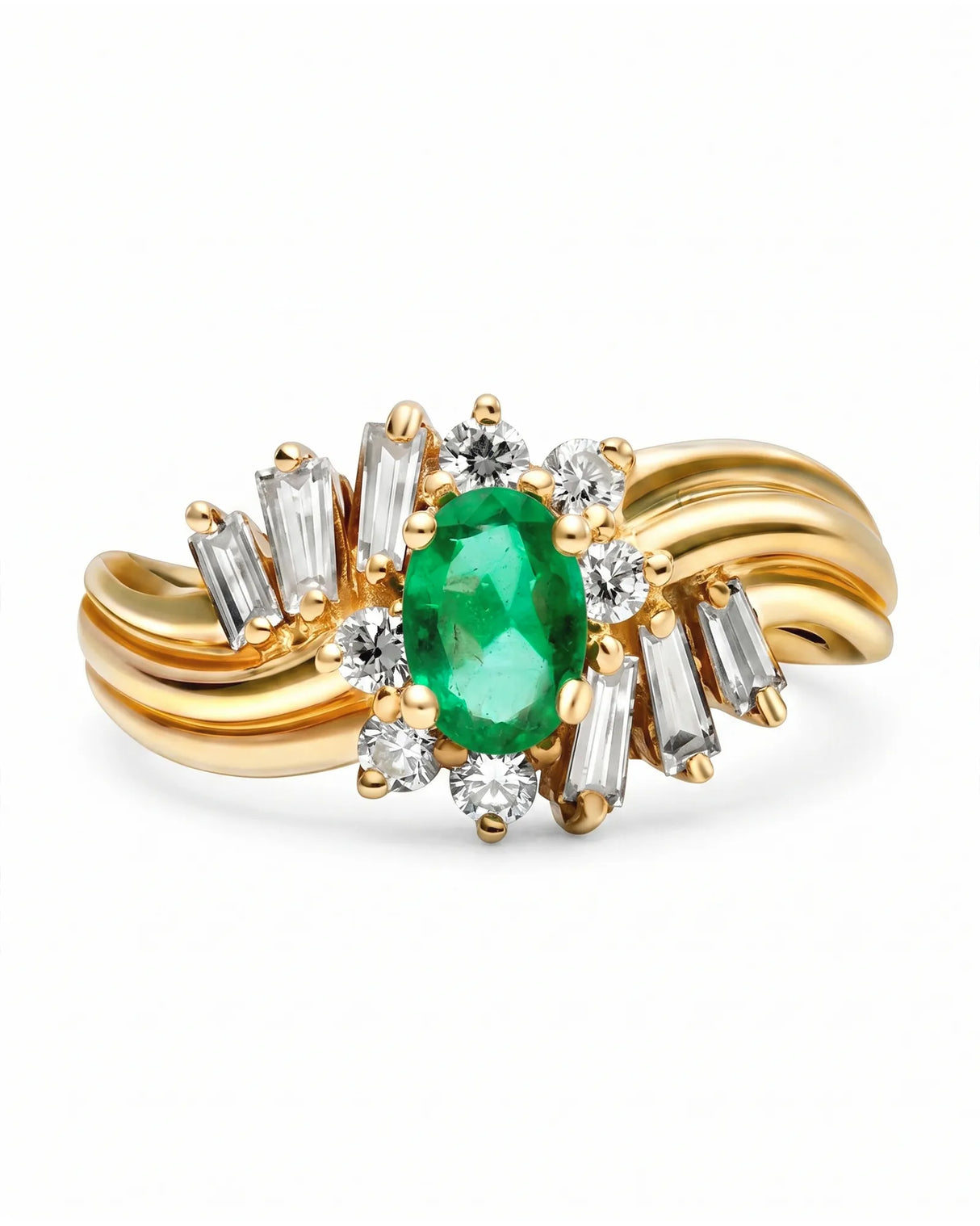 Yellow gold natural emerald ring with asymmetrical diamond halo design | SARATTI