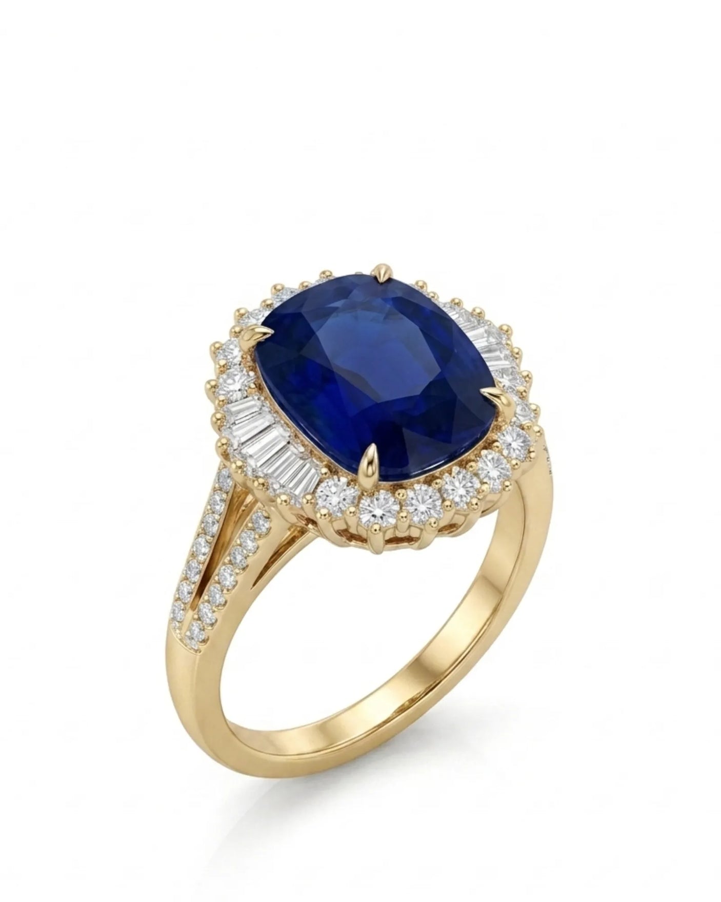 Yellow gold natural unheated sapphire ring with cushion center, diamond halo, and pavé split shank | SARATTI