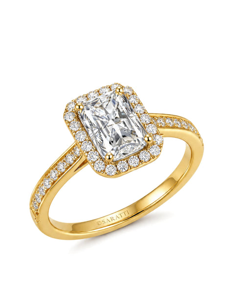Yellow gold radiant-cut moissanite engagement ring with round halo and pavé shoulders | SARATTI