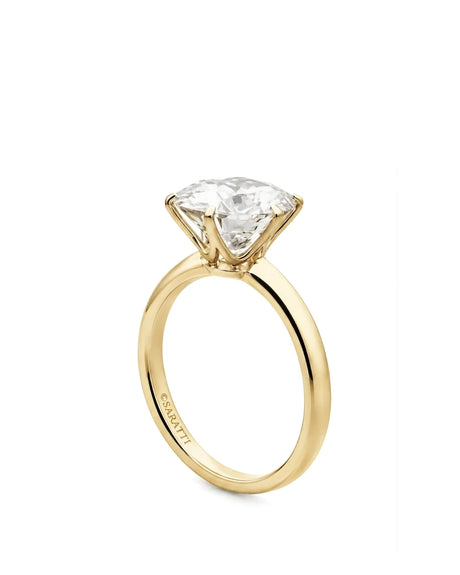 Yellow gold round moissanite engagement ring with six-prong solitaire setting and polished band | SARATTI