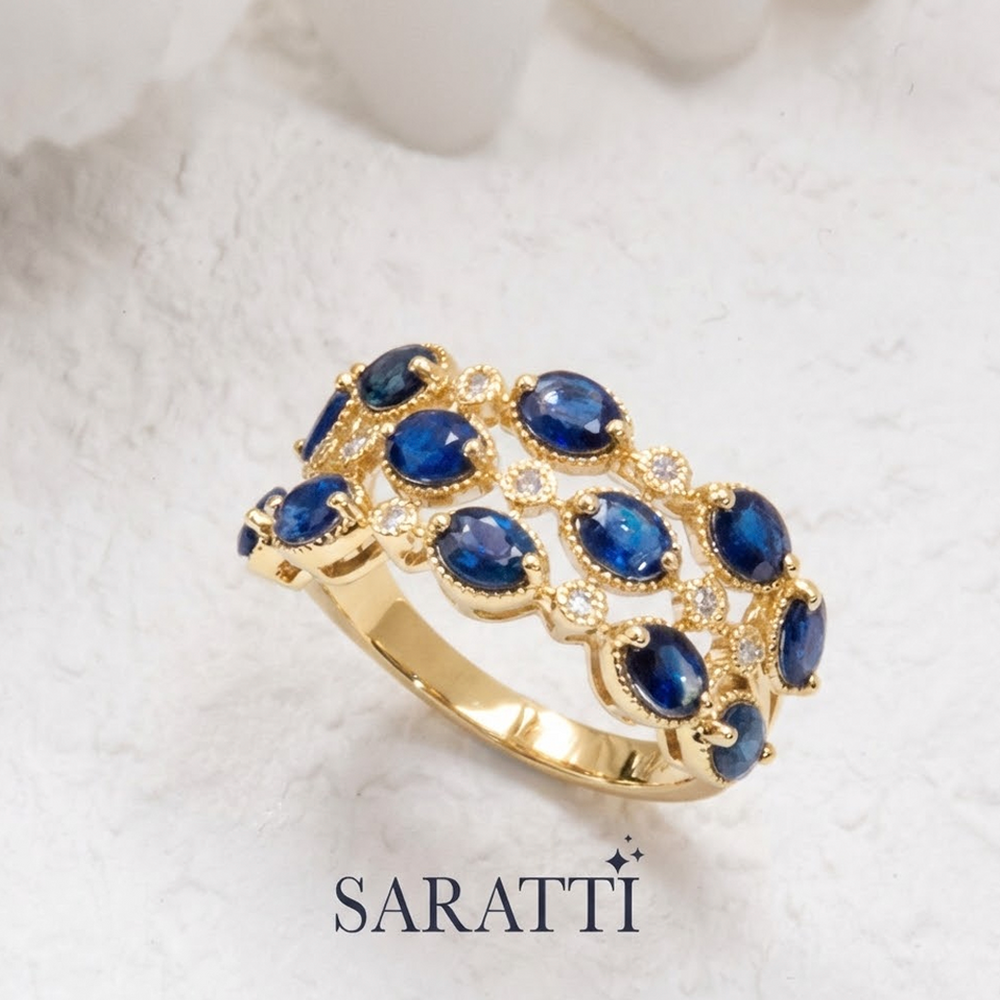 Yellow gold sapphire diamond multi stone ring luxury design | SARATTI