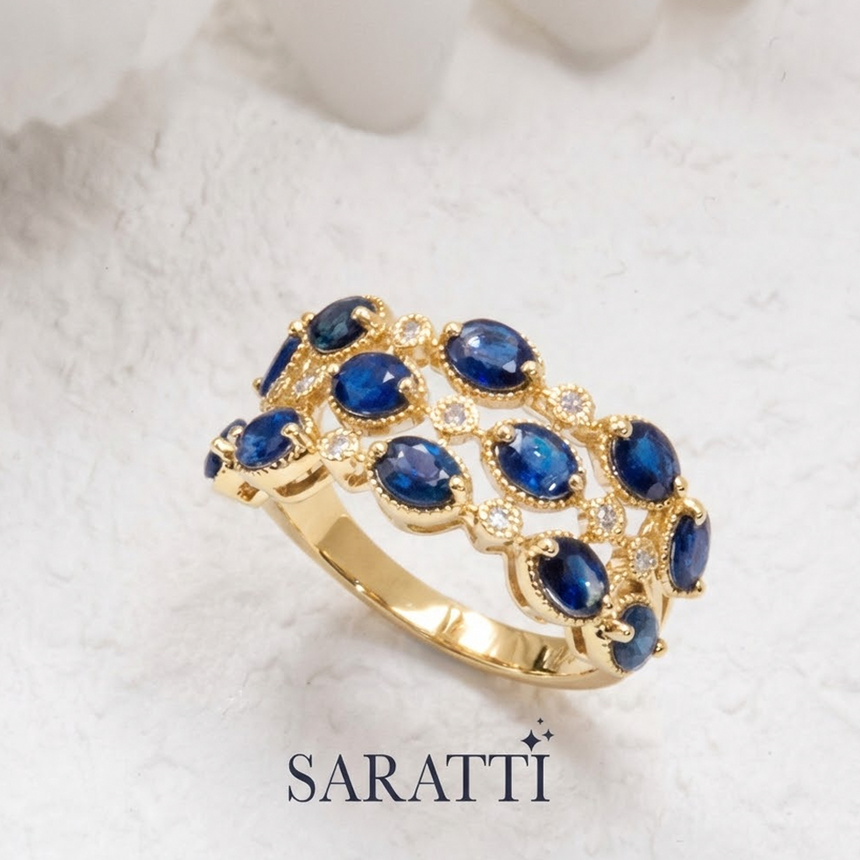 Yellow gold sapphire diamond multi stone ring luxury design | SARATTI