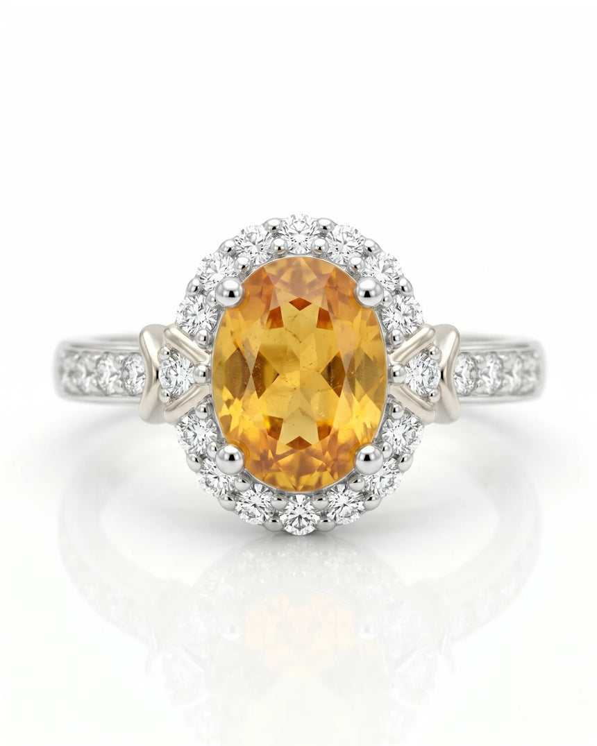 Yellow sapphire and diamond engagement ring with halo design in platinum | SARATTI