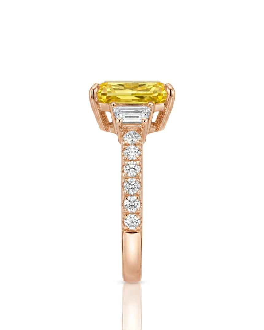 Yellow sapphire and diamond engagement ring with pavé band in 18K rose gold | SARATTI