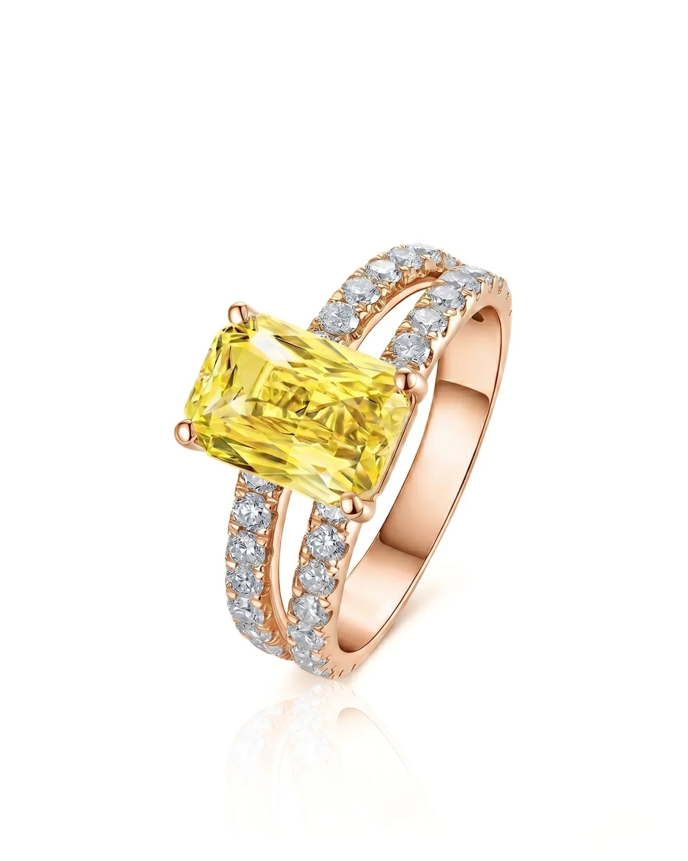Yellow sapphire ring with radiant-cut center and diamond split shank in 18K rose gold | SARATTI