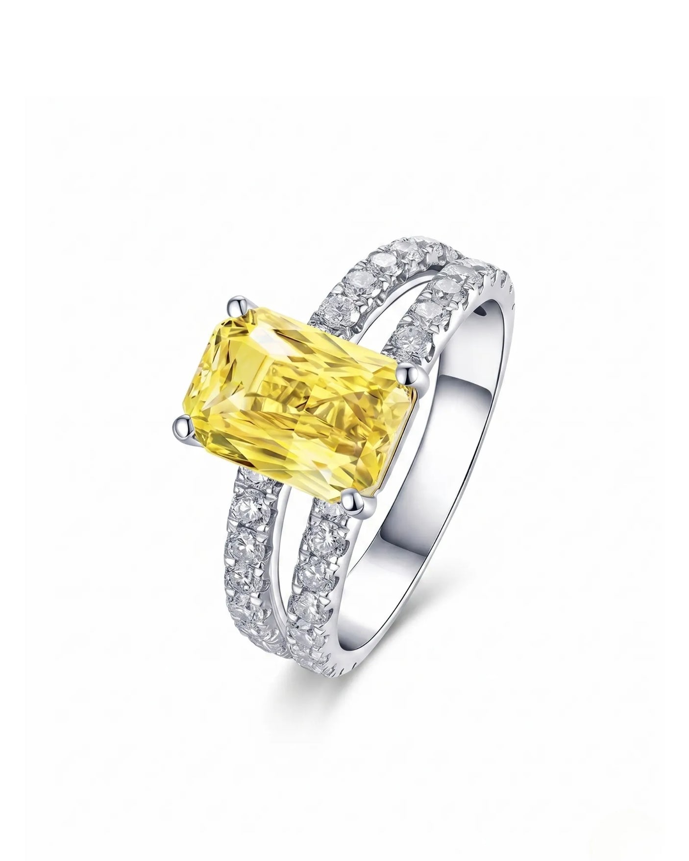 Yellow sapphire ring with radiant-cut center and diamond split shank in platinum | SARATTI