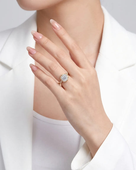 Yuma The Whispering Dawn GIA-certified natural round diamond halo engagement ring front view in 18K yellow gold | SARATTI
