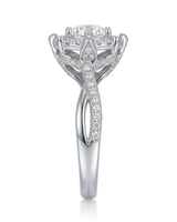 Yuma The Whispering Dawn natural diamond engagement ring worn on hand with split pavé shoulders in Platinum | SARATTI